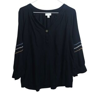 J. Jill Pure Jill Black Embroidered Sleeve Boho Henley Blouse Top Size M